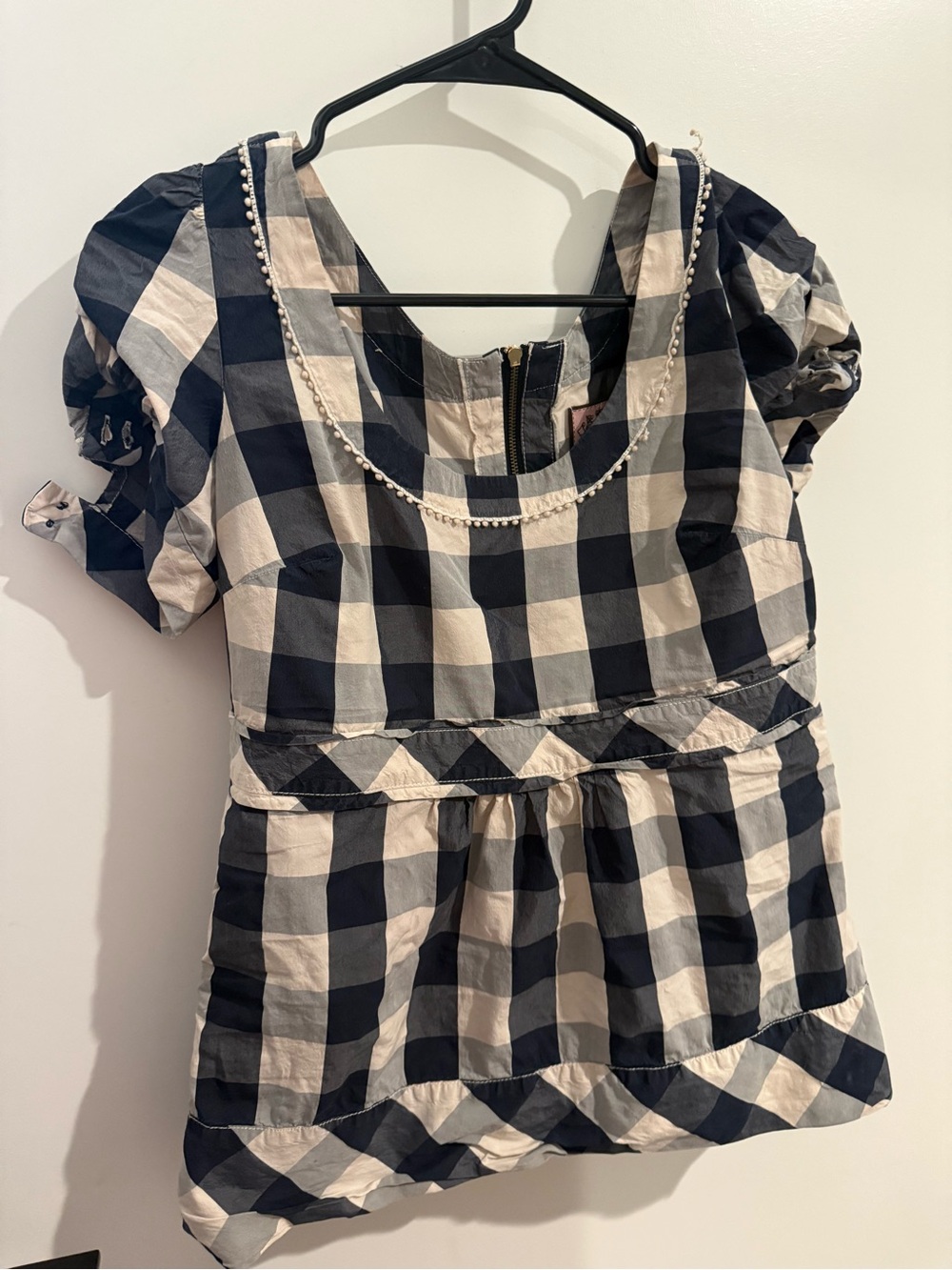 Y2K Babydoll Juicy Couture Navy and Cream Gingham Puff Sleeve Peplum Top